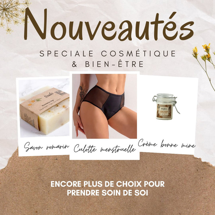 encart nouveauté avec 3 exemples de produits : savon romarin, culotte menstruelle et crème visage bonne mine.
