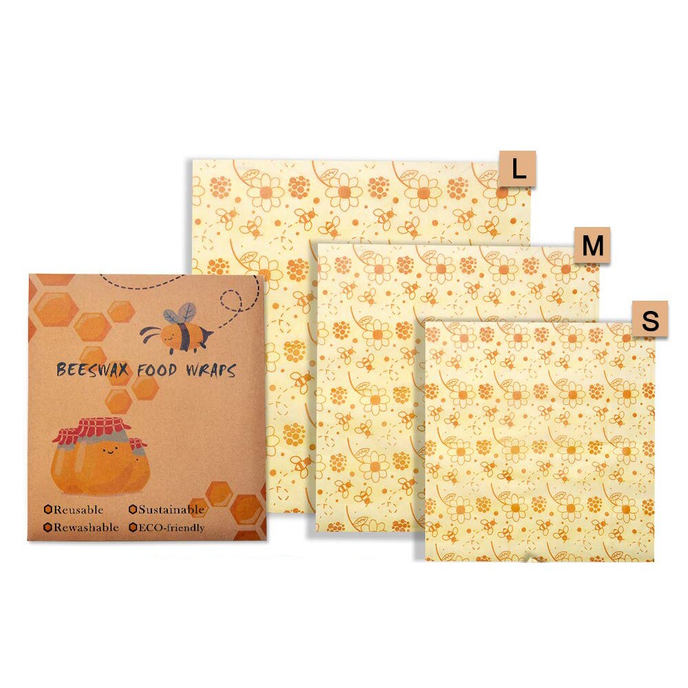Beewrap - Lot de 3 sachets en cire d'abeille,n 3 tailles différentes, motif fleur et abeille orange - PBS - Naturopathie & Zéro déchet