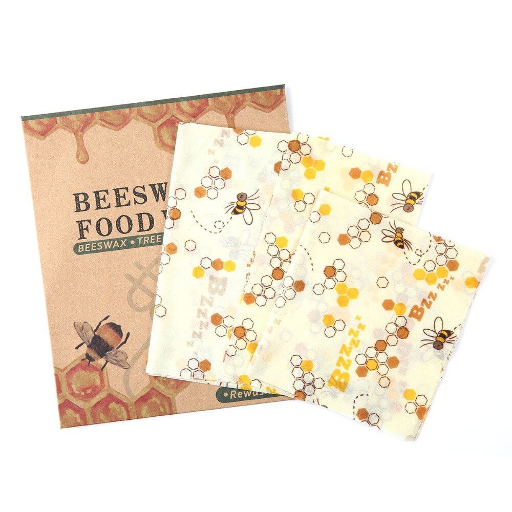 Beewrap - Lot de 3 sachets en cire d'abeille, 3 tailles différentes, motif ruche et abeille orange - PBS - Naturopathie & Zéro déchet